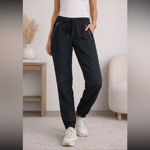 Athleta 100% Linen Jogger Pants Black Pockets Tapered Ankle Women’s Size 6 Tall